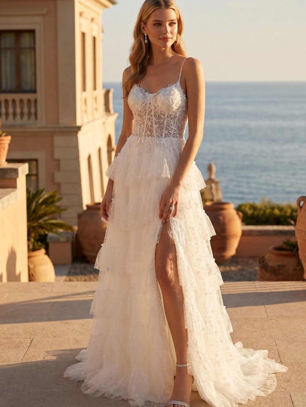 Corset Beaded Wedding dress Sparkle Glitter Fabric Ruffle Skirt Slit And Satin